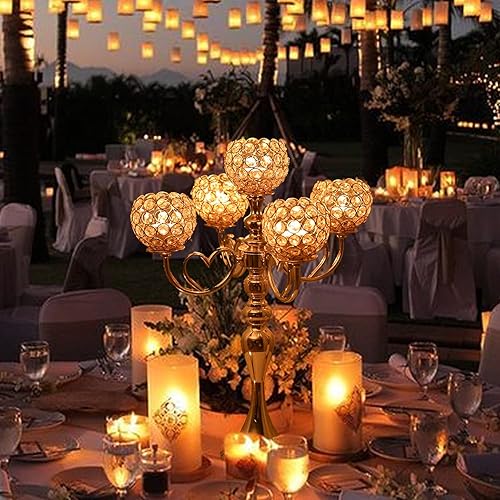 Miniatura 8 de Juego de 8 candelabros dorados de 5 brazos para boda, 21 pulgadas de alto, centros de mesa de cristal para mesas, hogar, aniversario, cena, fiesta,