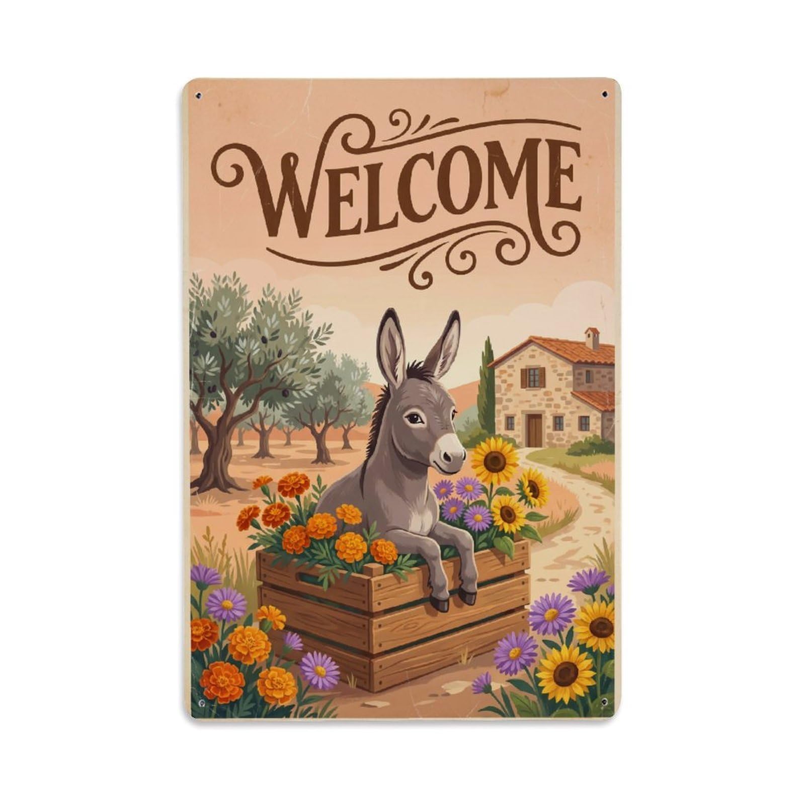 Cxhjca 8X12inch(20X30cm) Vintage Welcome Donkey Warm Wishes Metal Tin Sign