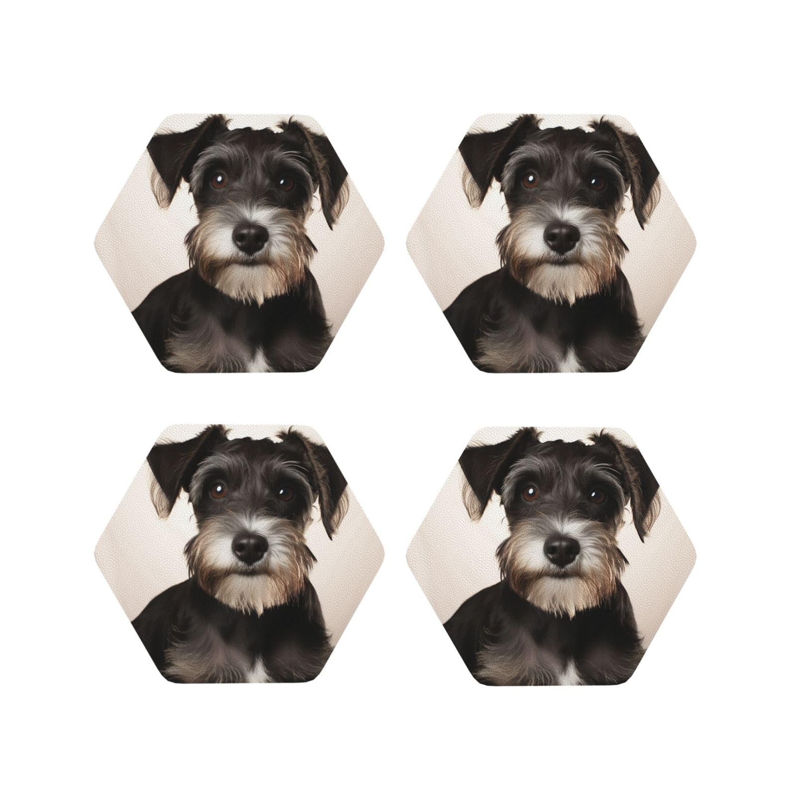 4Pcs PU Leather Coaster for Drinks, Cute Schnauzer Cup Coastersr 4" Cup Mat Pad, Aesthetic Drink Coasters for Coffee Table, Hexagon Coaster for Tabletop Protection