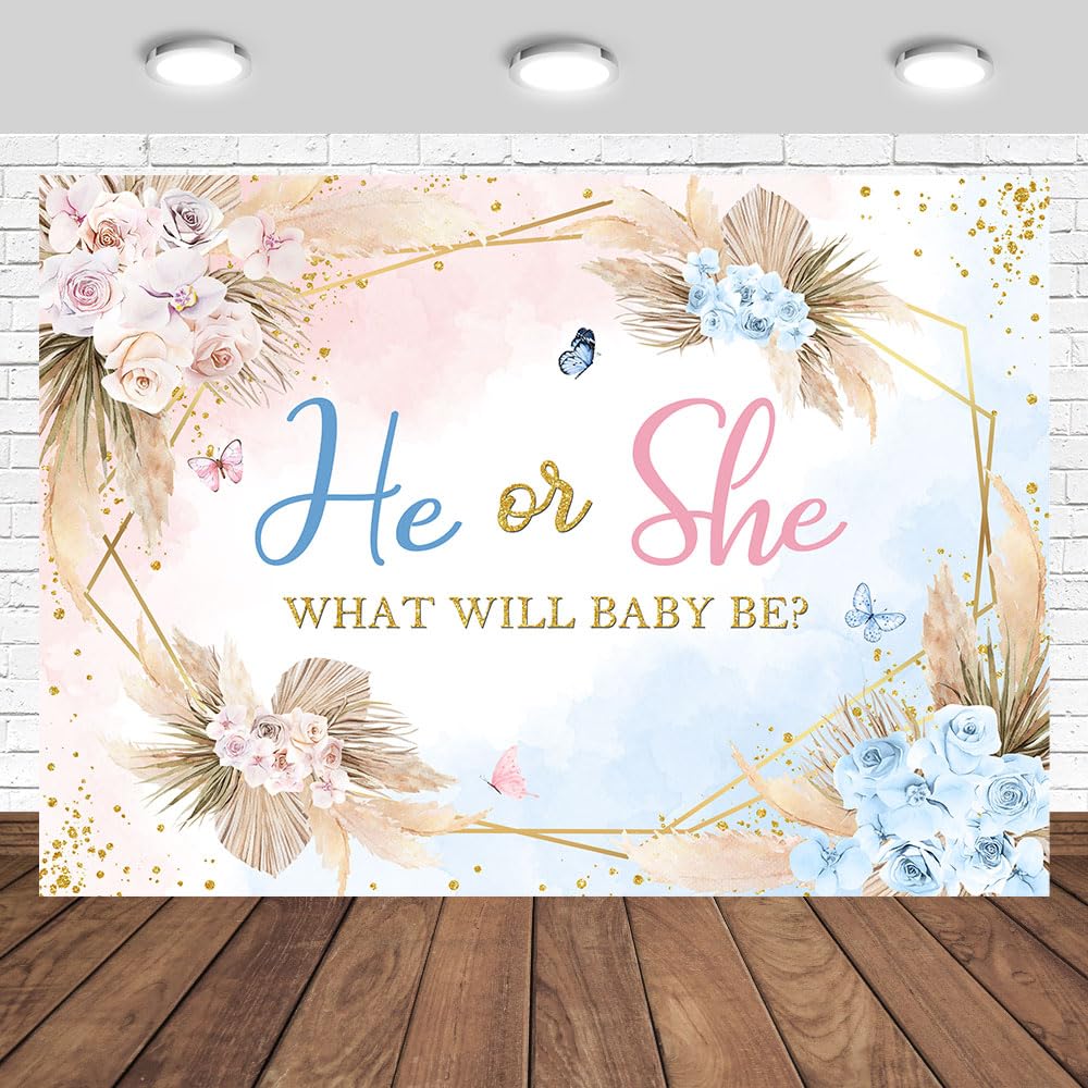 Tcoyodw Boho Gender Reveal Backdrop 7x5ft He or She Pampas Grass Boho Floral Photography Background Pink or Blue Gender Reveal Party Decorations