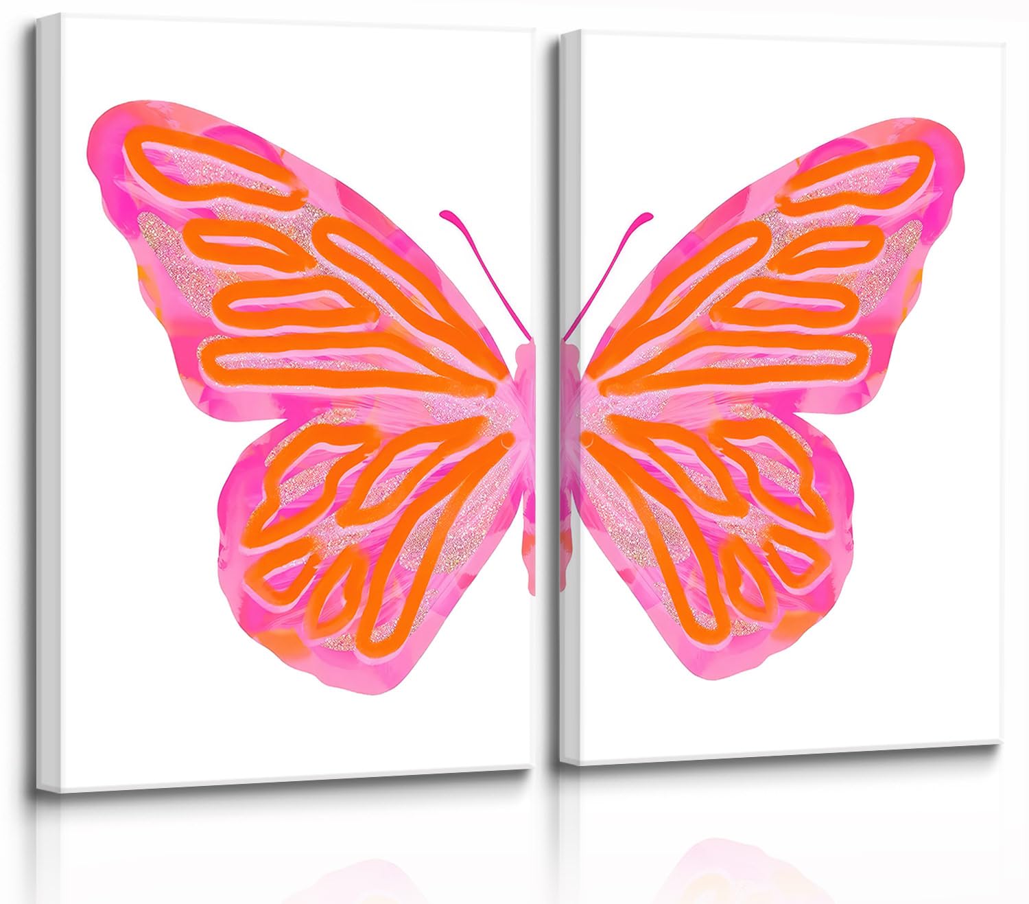 2-Piece Split Stylish Preppy Butterfly Canvas Wall Art Set Print Preppy Pink Orange Picture Poster Blush Pink Hipster Decor Girls Bedroom Teen Girls College Dorm Apartment Aesthetic Print Decor Framed