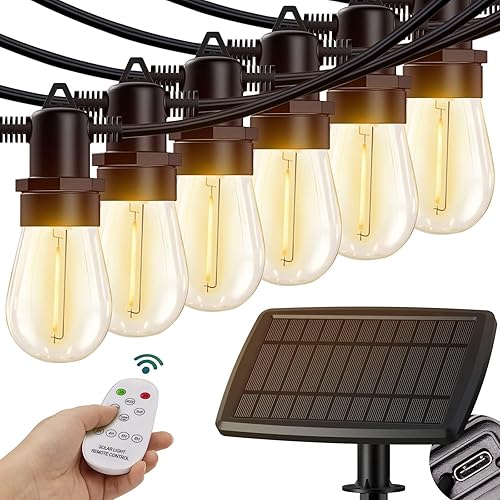 KYY Tira de luces solares de 78 pies (72+6) para exteriores con control remoto de puerto USB, luces LED impermeables para patio con 24 enchufes,