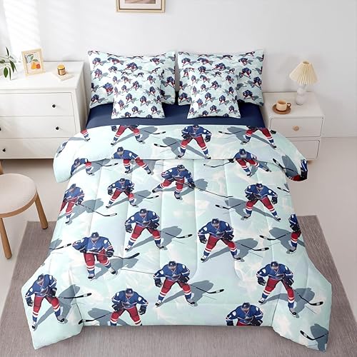 Ice Hockey Players 7 Pieces Bedding Set Twin Size,Cartoon Hockey Player Bed in a