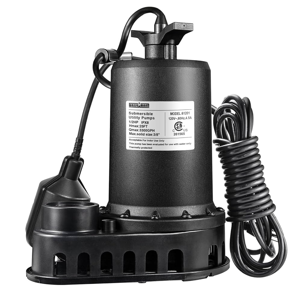 mamo　0206★ WASSERMANN 1/2HP Sump Pump,3300GPH Thermoplastic Utility