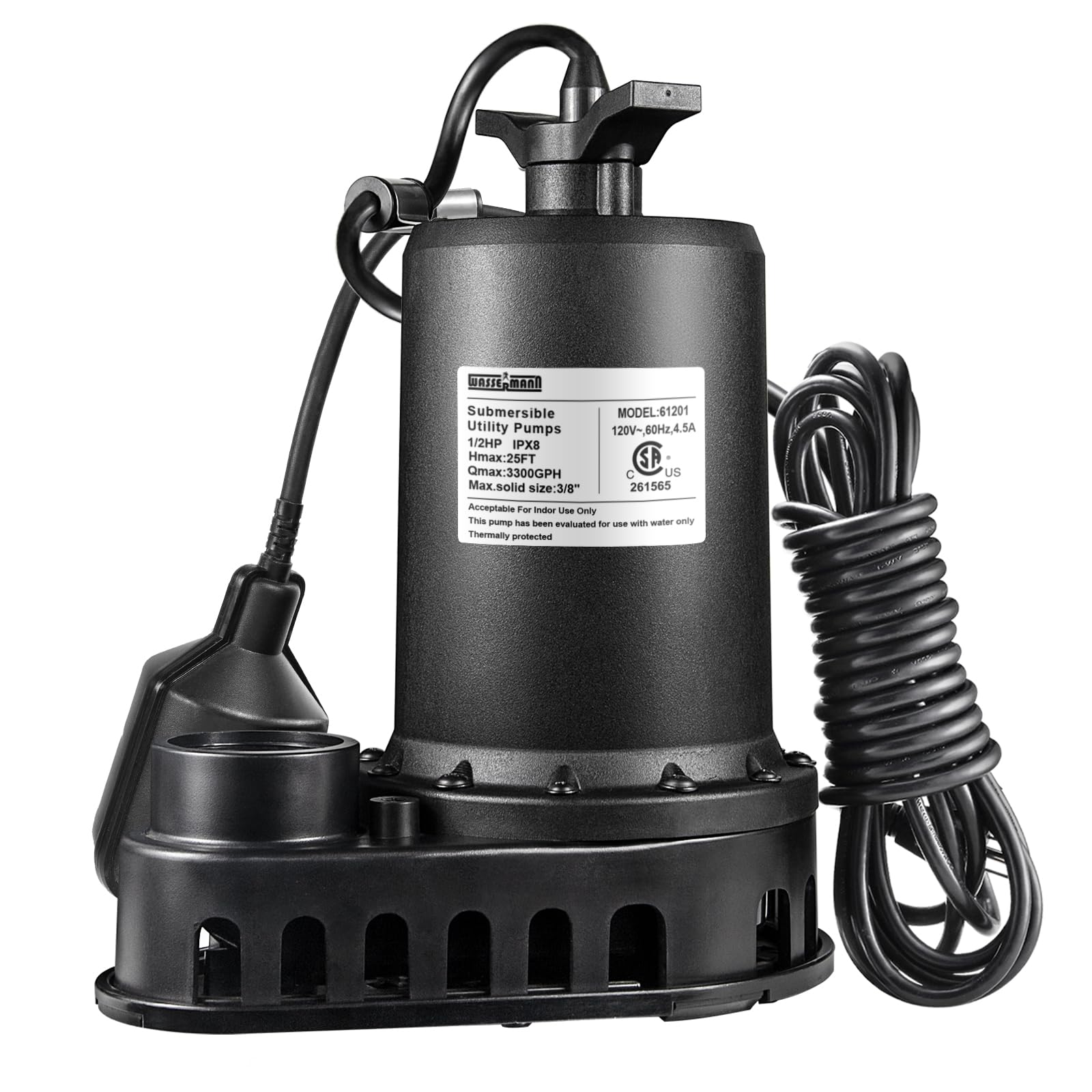 WASSERMANN 1/2HP Sump Pump,3300GPH Thermoplastic Utility Pump