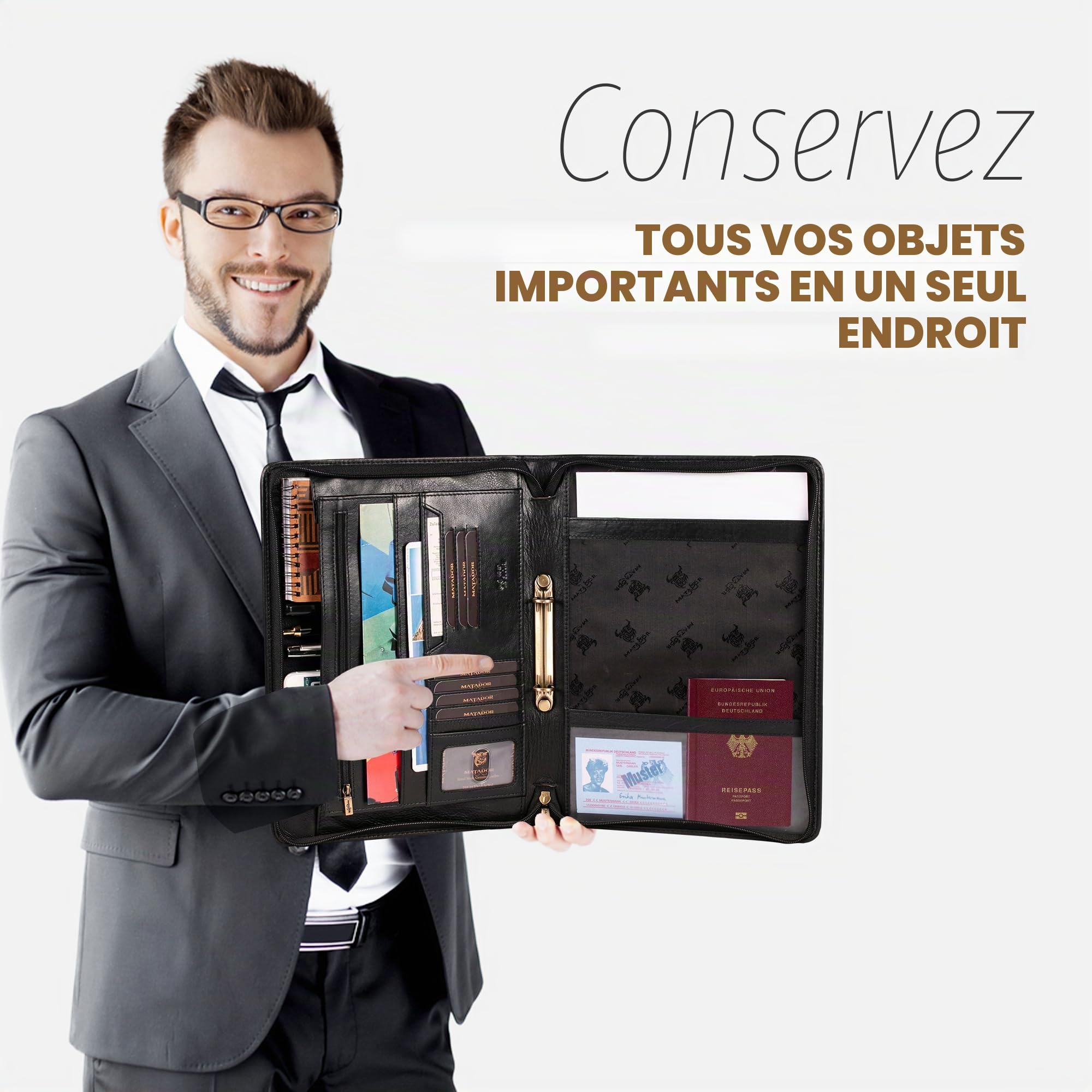 Matador Porte-documents cuir véritable A4 noir avec fermeture éclair poche tablette classeur à anneaux protection RFID