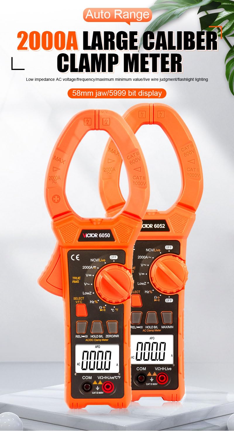 VICTOR/RuoShui 6050 True RMS Digital Current Clamp meter 3999 Counts Lcd Display Auto Range 1000V 2000A AC DC larger Current Voltage Multimeter(VICTOR 6052)