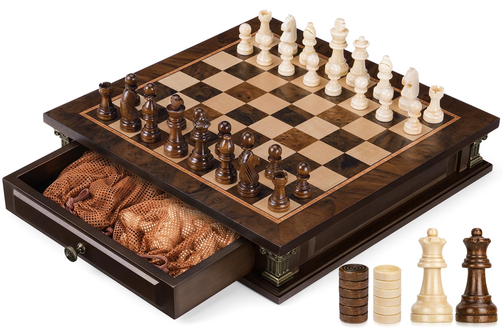 Peradix Magnetic Wooden Chess Set, 12.8" Board Game with Storage Drawers & Extra Queens, Classic Chess for Kids, Adults & Beginners, Gift-Ready