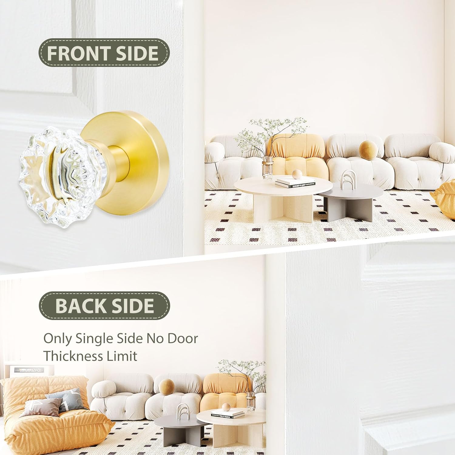 Glass Crystal Door Knobs, Dummy Door Lever, Interior Door Handle Single Sided Decorative for Hall Closet, Gold Round Zinc Alloy Base Doorknobs, 2 Pack (Stain Brass, Dummy)