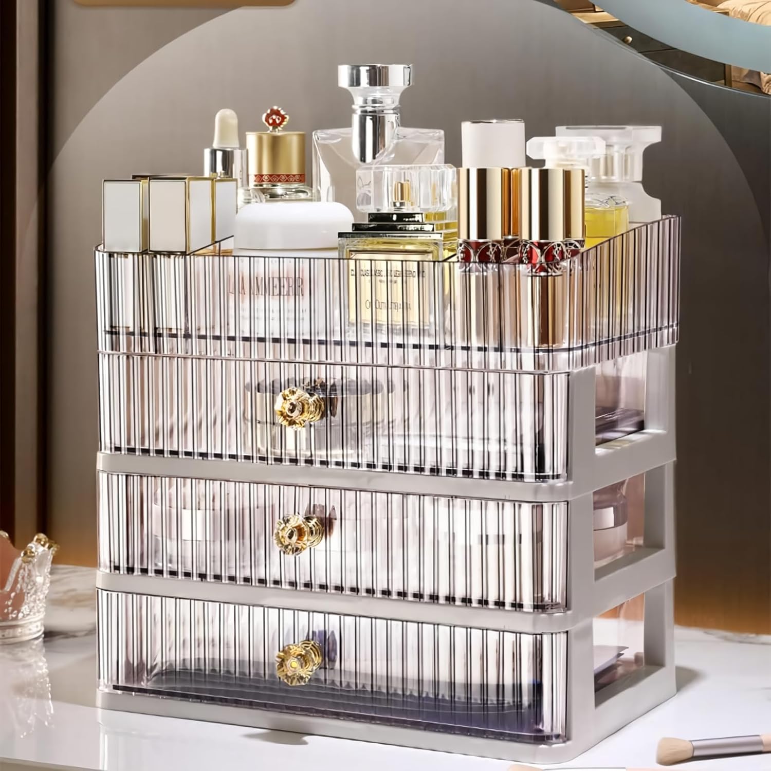 Simbuy Clear Makeup Organizer with 3 Drawers, Bathroom Organizer and Storage, Ideal for Desk and Dresser Vanity Countertop, Great for Cosmetics, Skincare, Perfume,Toiletry