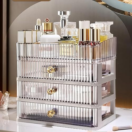 Simbuy Organizador de maquillaje transparente con 3 cajones, organizador de baño y almacenamiento, ideal para escritorio y tocador de cómoda,