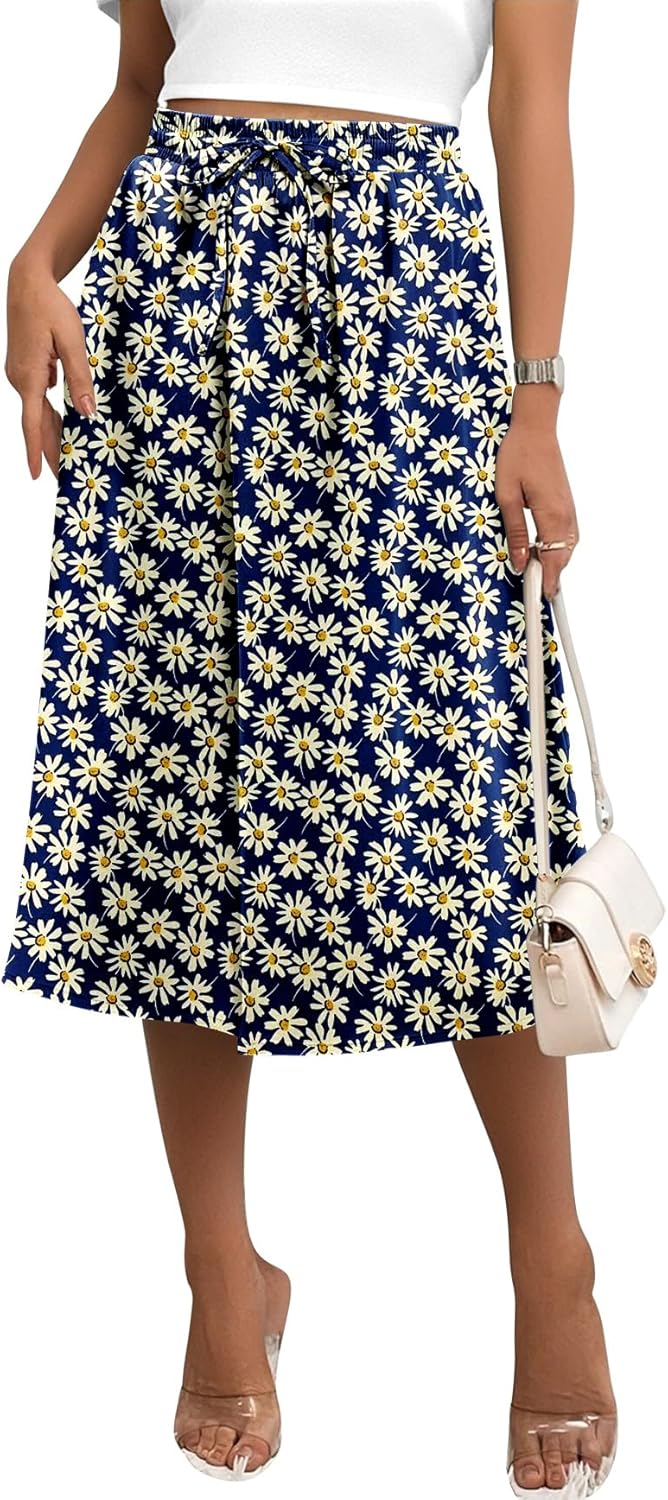 Angerella Womens Skirt Midi High Waist A-Line Casual Floral Print Trendy Bohemia Work Elegant with Pockets - Image 5