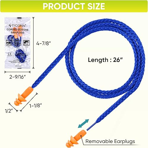 Miniatura 2 de TICONN 48 pares de tapones de silicona reutilizables para los oídos para dormir con cancelación de ruido, tapones para los oídos con cable NRR de 25