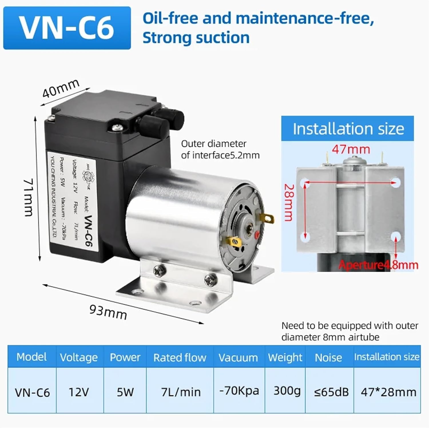 Small Suction Vacuum Air Pump 6L/Min Electric with Brush Motor -70kPa DC 12v/24v VN-C6(VN-C6-12V)