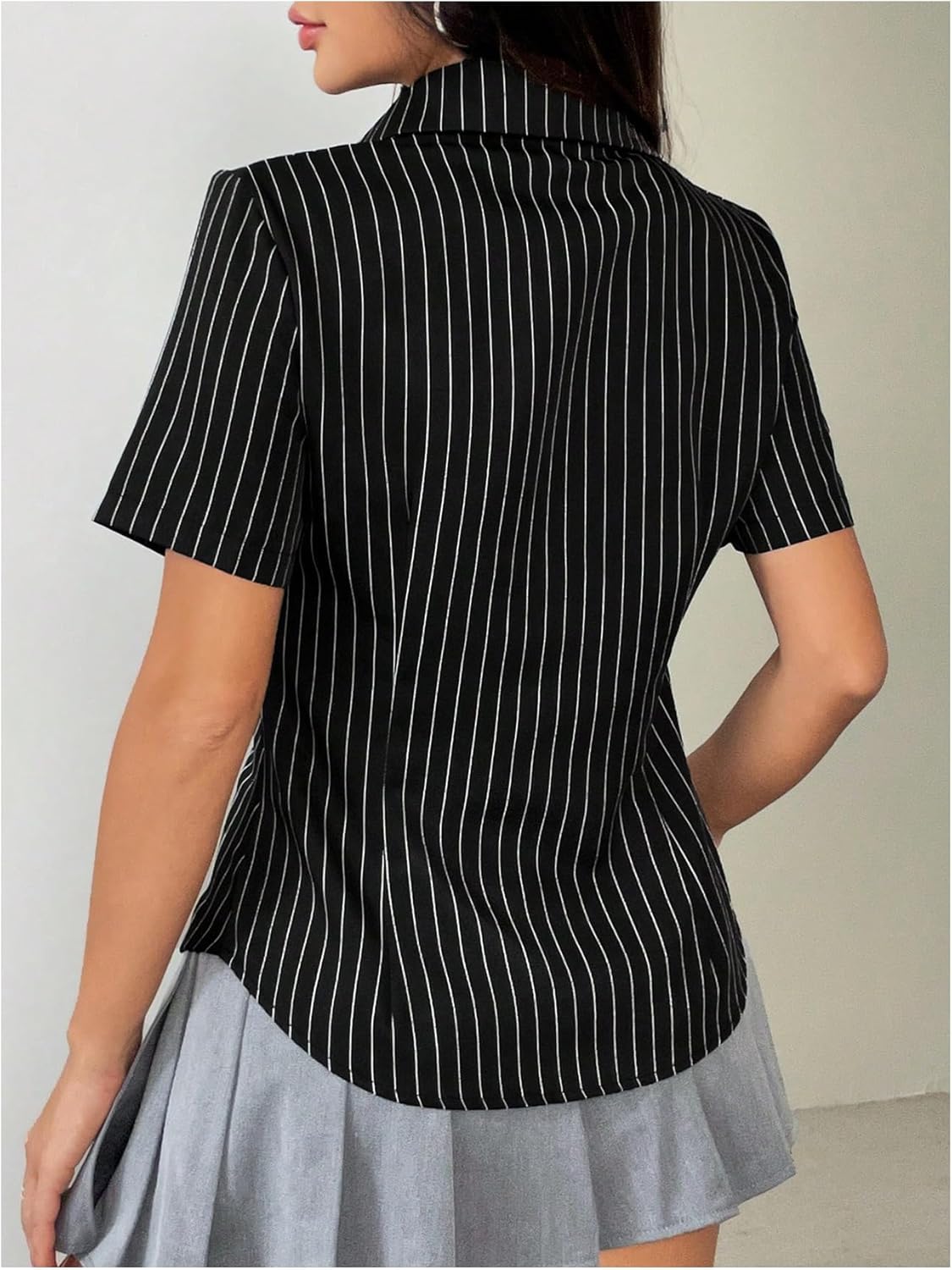 SweatyRocks Women's Striped Button Down Shirt Short Sleeve Collared Fitted Work Office Blouse Dressy Tops - Image 2