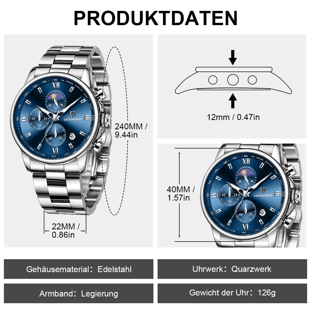 LIGE Herrenuhr Analog Quarz Chronograph - Klassische Armbanduhr Mondphase