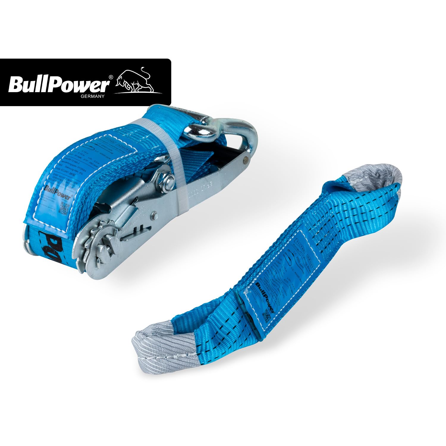 4X BullPower Spanngurte AZG251 - Autotransport PKW Zurrgurte Reifengurte Transportsicherungen 50mm - LC 4000 kg/daN mit Trapezband, Ratsche und Haken