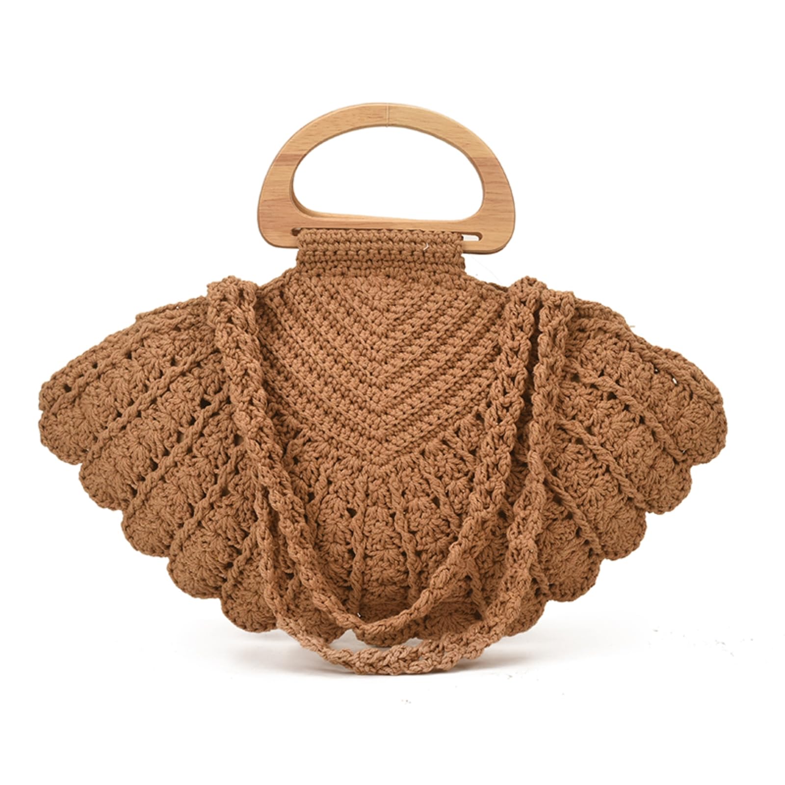Strohtasche Damen Retro-Stil-Fan-geformte Gehäkelte Unterarmtasche, Vielseitige Schultertasche Mit Holzgriff-Khaki