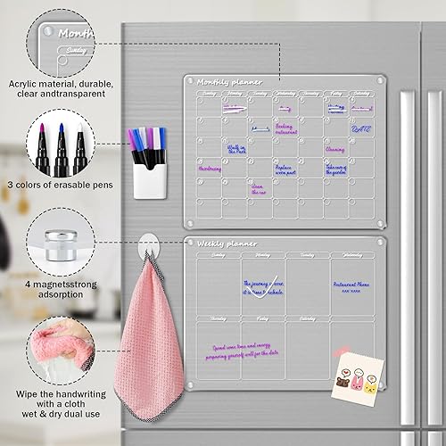 Miniatura 2 de Calendario acrílico magnético para nevera, paquete de 2 calendarios magnéticos de 12 x 16 pulgadas, borrado en seco, tablas de planificación mensual