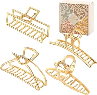 4 Pack Large Gold Hair Claw Clips for Women Thick Hair, French Design Metal Cross Banana Non-Slip Hair Catch Barrette Jaw Clamp Clips for Women and Girls
