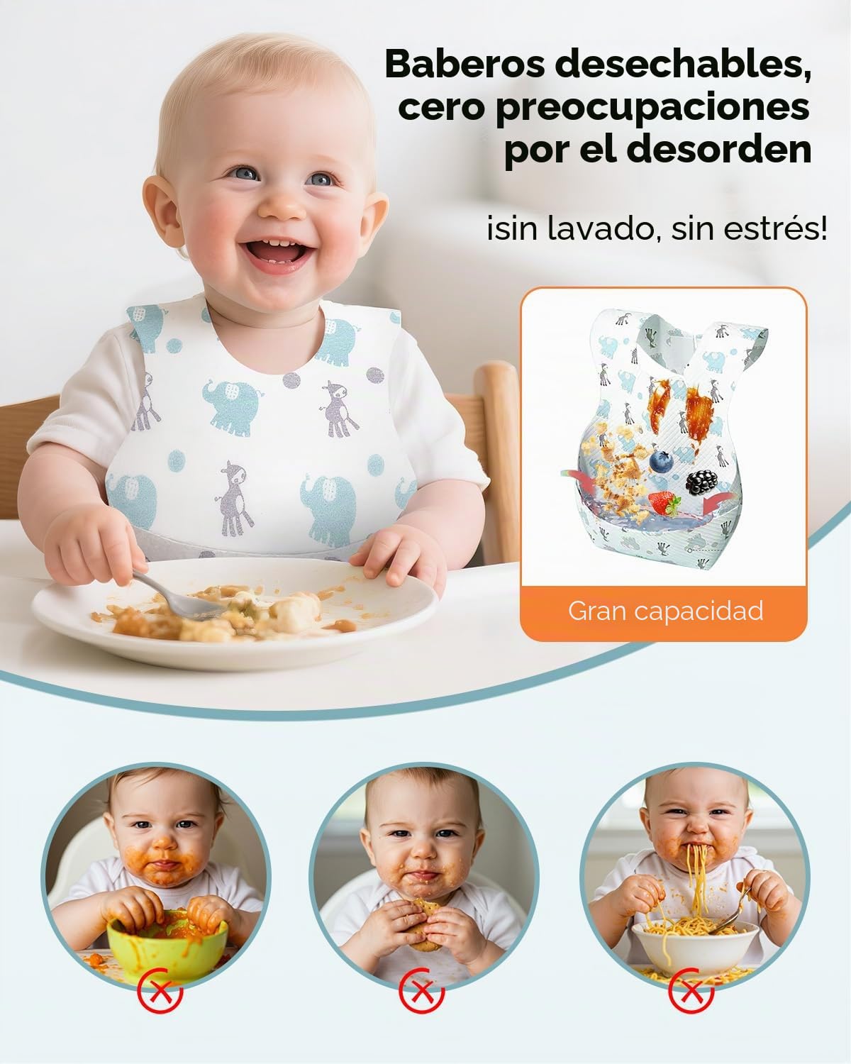 Baberos Desechables 30 Unidades con Bolsillo Recoge Comida – Babero de un Solo Uso Impermeable y Transpirable, Ultra Ligero, Ajustable, Ideal para Bebés y Niños en Casa, Viajes y Guardería