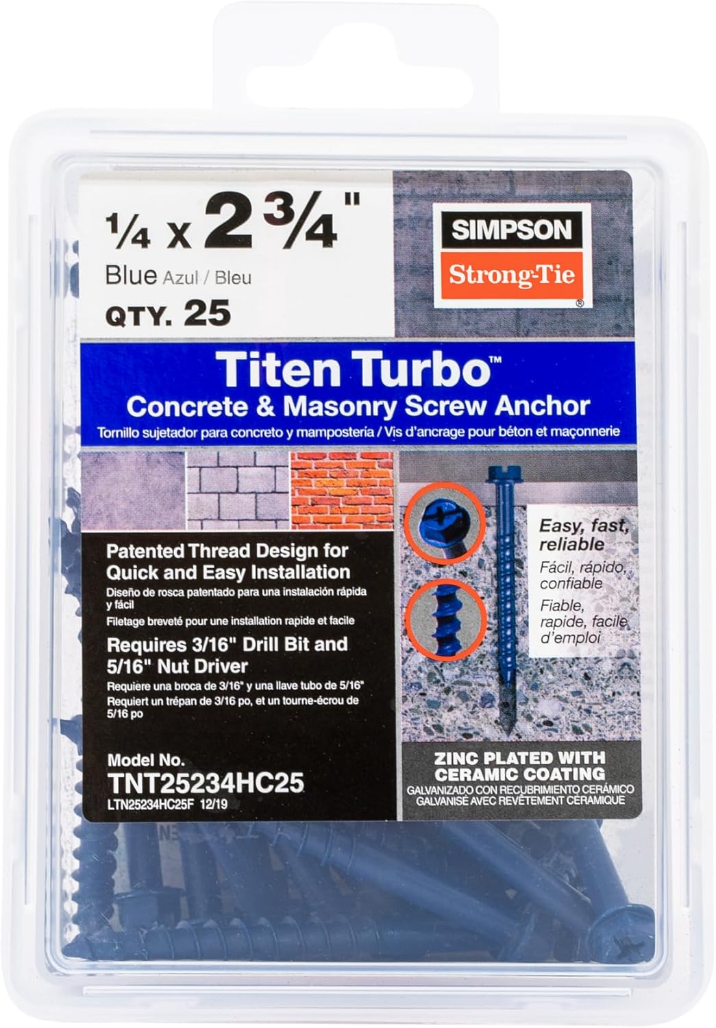 Simpson Strong-Tie TNT25234H Titen Turbo — 1/4 in. x 2-3/4 in. Hex-Head Concrete and Masonry Screw, Blue (100-Qty)