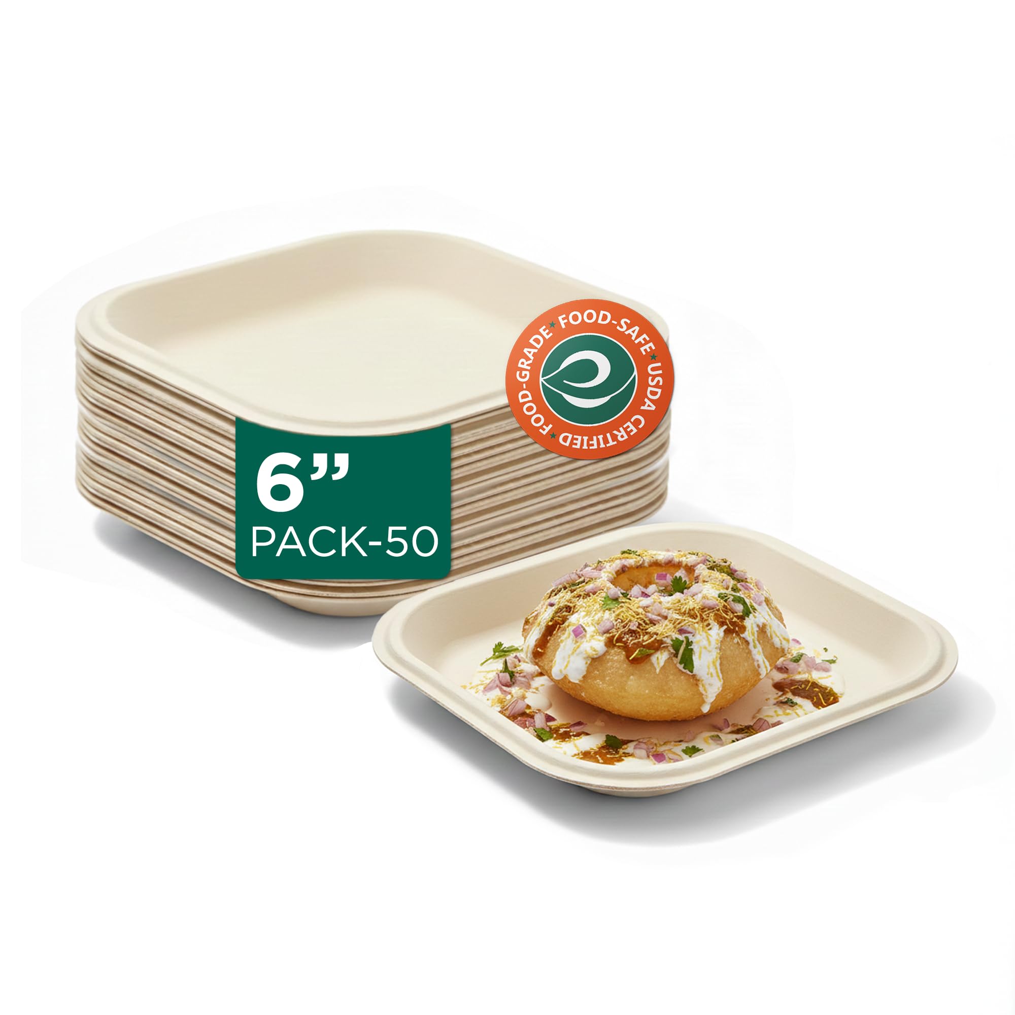 ECO SOUL | Disposable Bagasse Plates for Snacks | 6 inch - Pack of 50 | Small Eco-Friendly Disposable Plates for Snacks & Meals | Plastic-Free, Microwave Safe, Chemical-Free