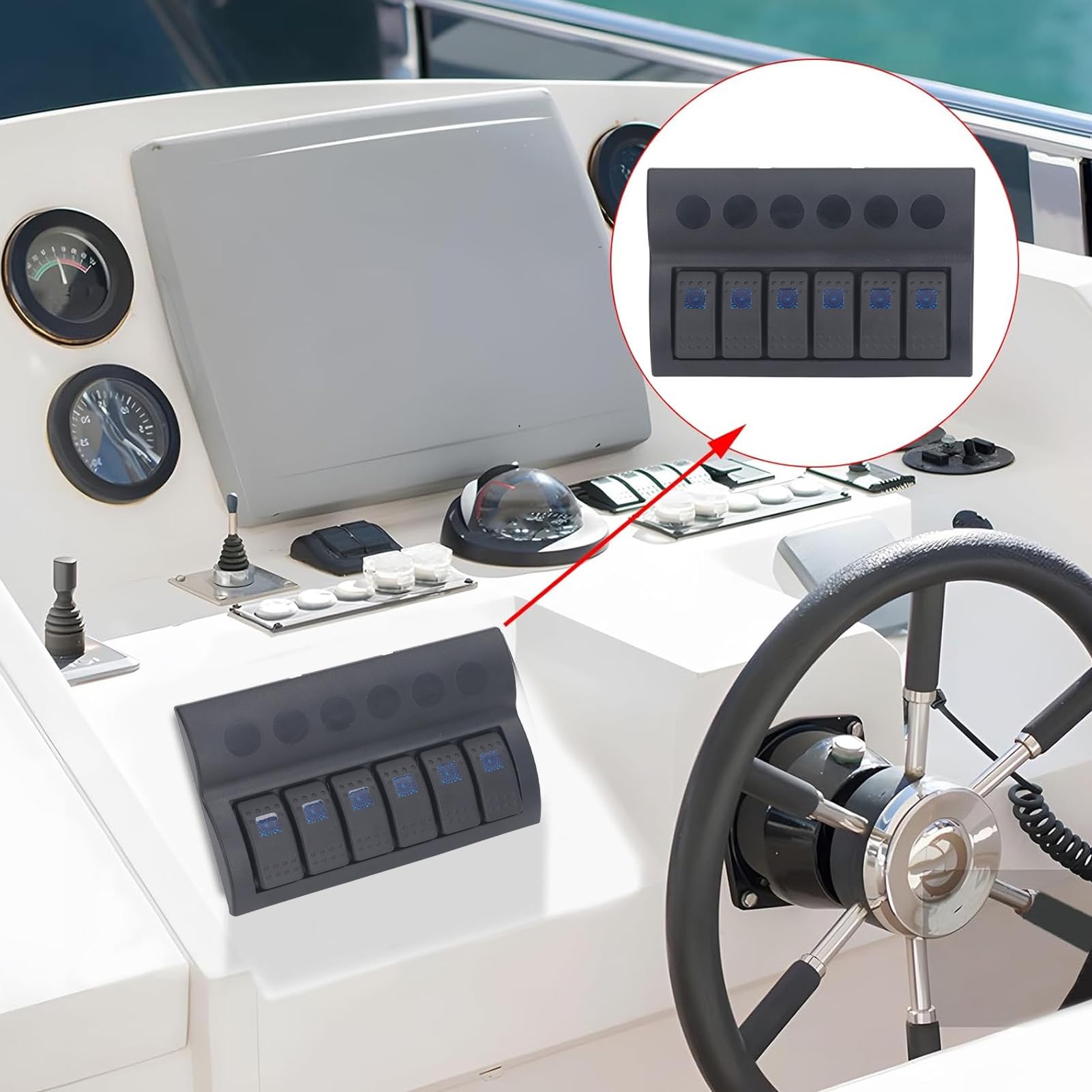Pannello Interruttori Elettrici 6 Gang Precablato Impermeabile Interruttore a Bilanciere per Barche Marine Pannello Interruttori ON/OFF Luce LED Blu per Barca RV DC12V 24V