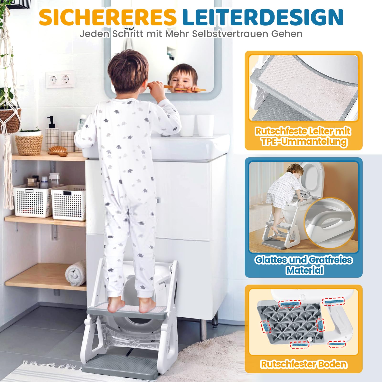 Toilettensitz Kinder mit Treppe, Stabil Kinder Toilettensitz mit Dreiecksstruktur, Verlängerter Pedal- und Spritzschutz und Wasserdichtes PVC-Polster, Rutschfest und Faltbar, Grau