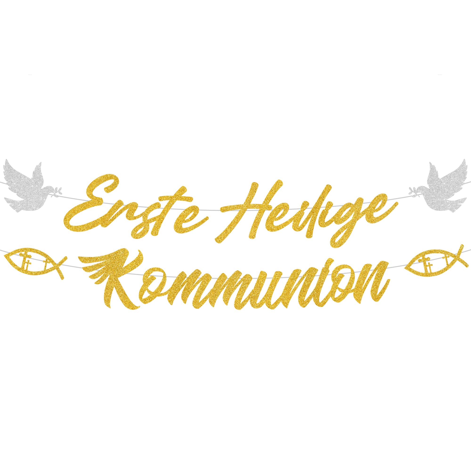 Erste Heilige Kommunion Deko Girlande - Erstkommunion Dekoration Glitzer Banner mit Fisch Taube, Papier Hängende Dekorationen für Junge Mädchen zu Taufe Konfirmation Party (Goldene)
