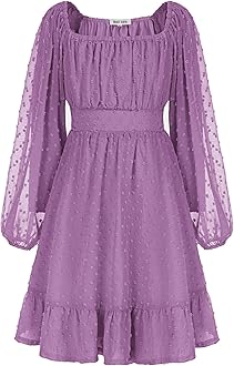 GRACE KARIN Girls Ruffle Tiered Dress Long Sleeve Swiss Dot Flowy A-Line Dress 6-12Y