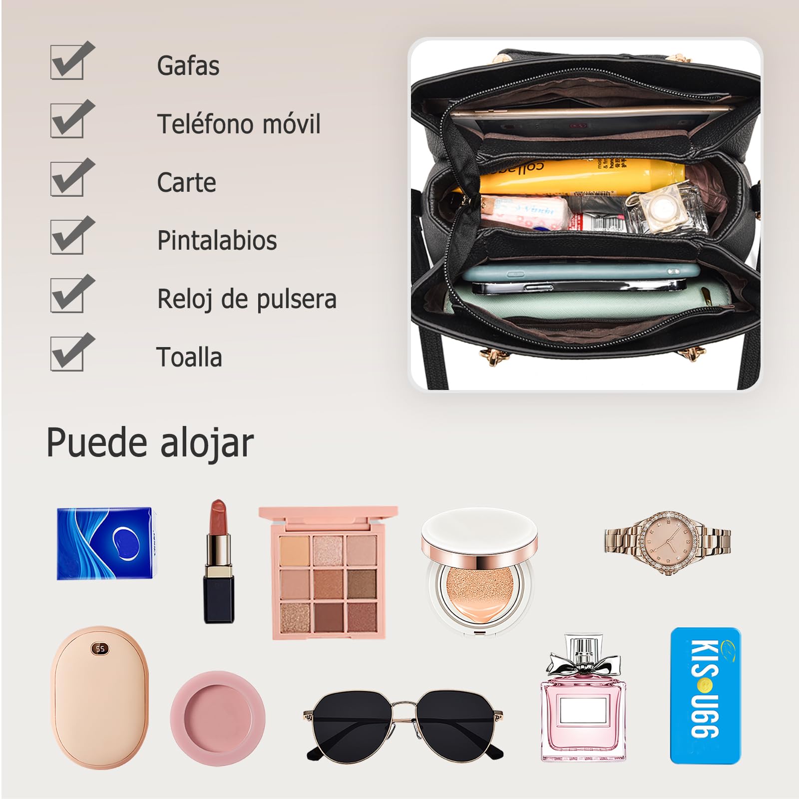 FANDARE Mujer Bolso Bandolera Multibolsillos Shoppers y Bolsos de Hombro PU Cuero Bolso Cruzados Impermeable Bolsa de Mano Forma V Bolso para Viajes Compras Trabajo Citas Beige
