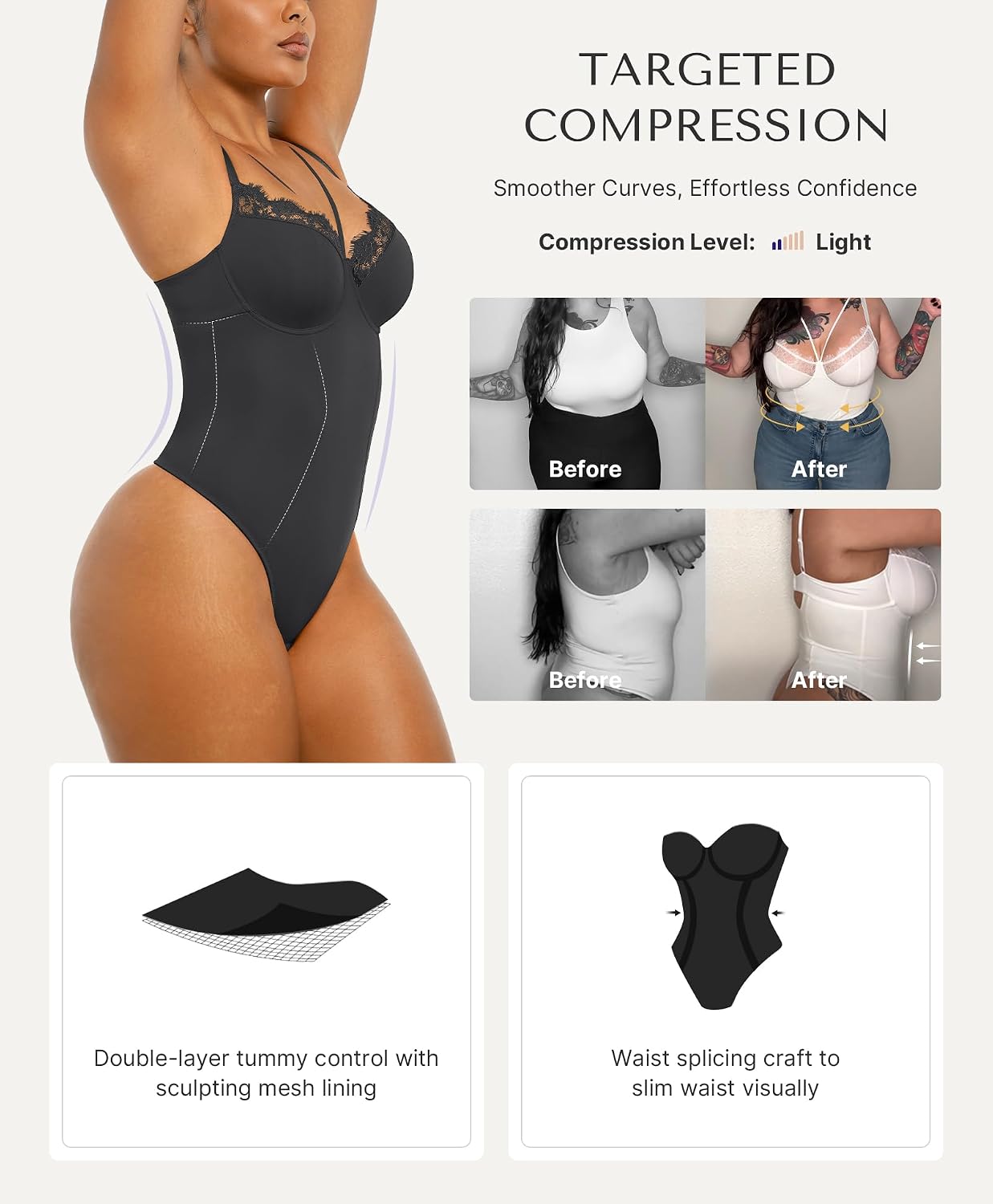 SHAPELLX Lace Bodysuit Shapewear for Women Tummy Control Body Suits Waist Sculpting V Neck Thong Corset Going Out Tops