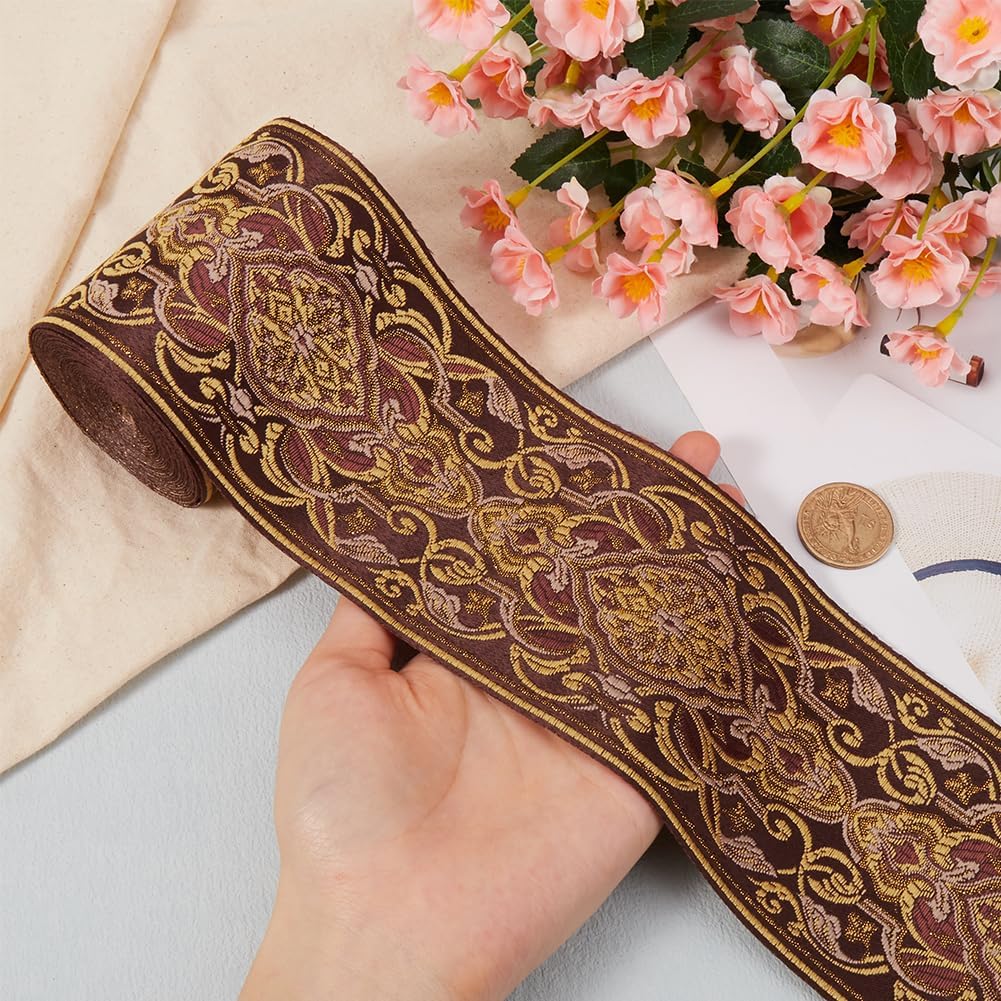 GORGECRAFT 5.5 Yard Vintage Jacquard Trim 3.5 Inch Wide Boho Ribbon Light Khaki Polyester Embroidery Ethnic Woven Floral Fabric Lace Trim Roll for Sewing Clothing Handmade Bag Gift Christmas Decor