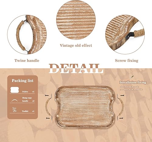 Miniatura 10 de Juego de 2 bandejas decorativas rectangulares de madera rústica, color marrón, platos de charcutería para alimentos, frutas y café, ideal para cama,