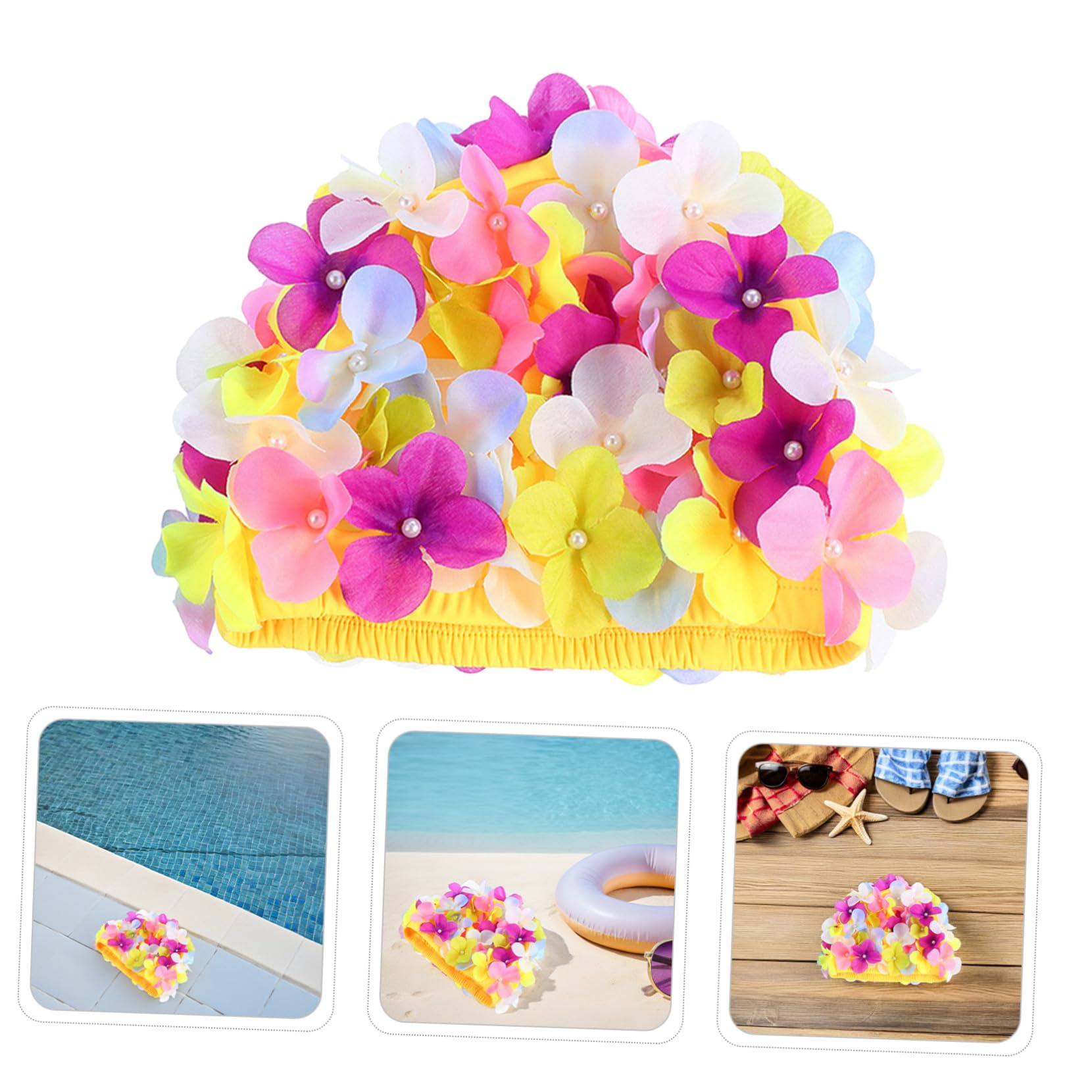 ifundom 3 Pièces Bonnet de Bain Femme Long Cheveux Chapeau de Natation Étanche Pétale Floral Rétro Protection Cheveux Coloré Élégant été Piscine