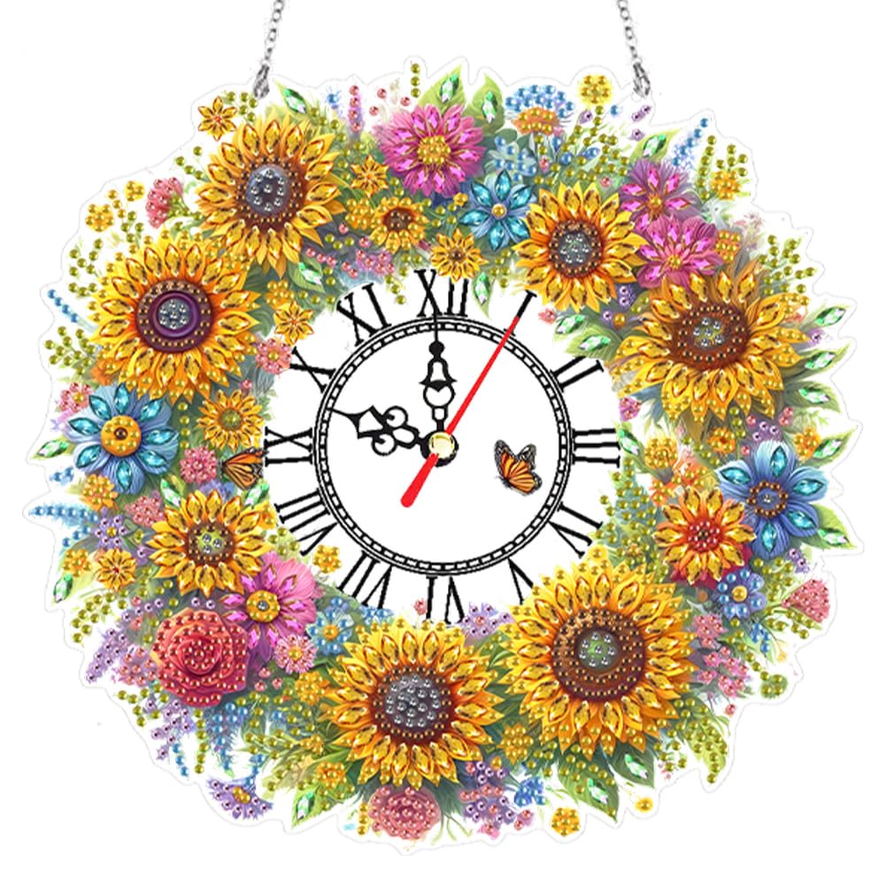 Fiorky I 5D Diamond Art Ornaments Clock Kit, Acrylic Special Shape Flower Butterfly Diamond Painting Wreath Clock Art Craft Diamond Painting Clock Handicraft Living Room Decoration