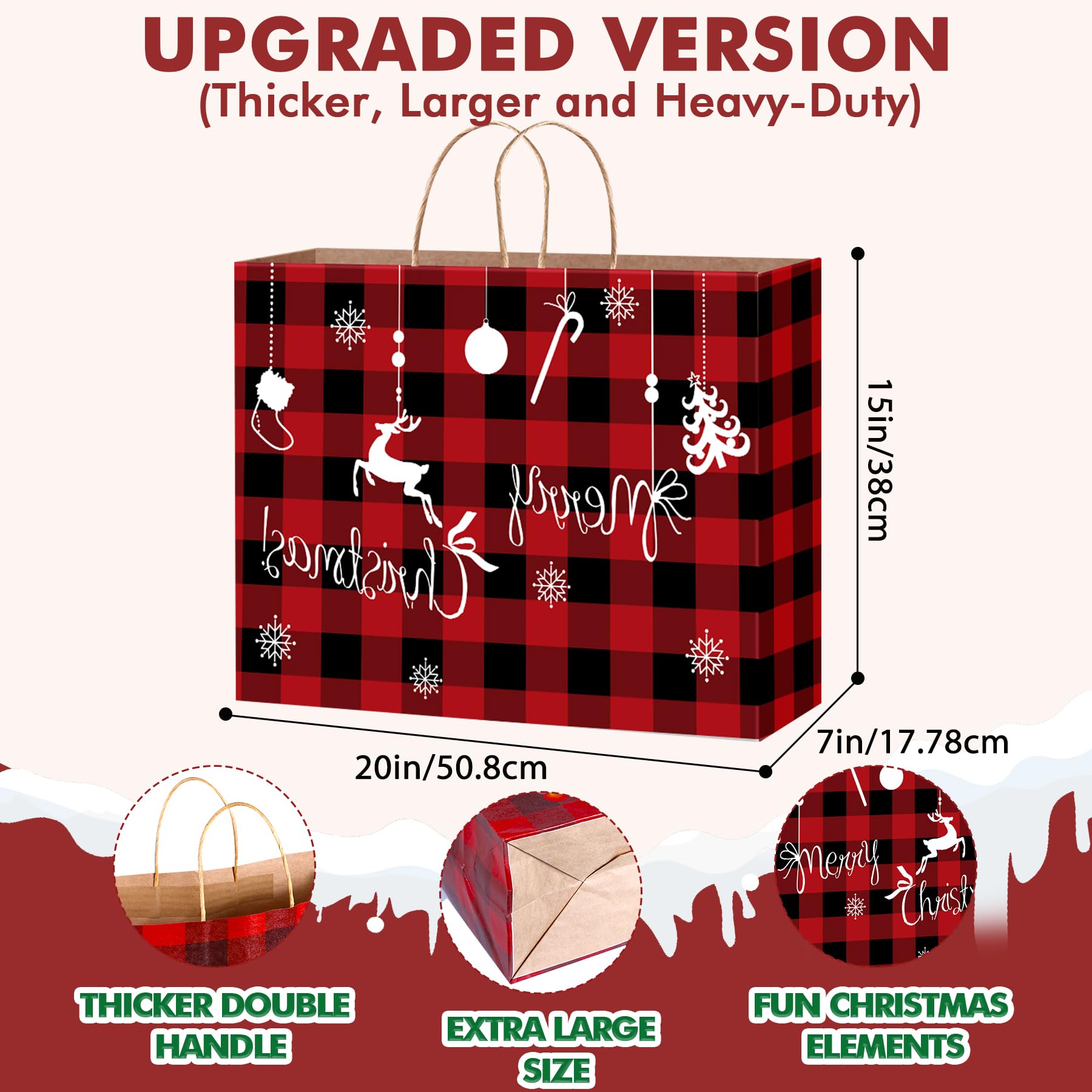 Bszatan Lot de 12 sacs fourre-tout extra larges en papier kraft avec poignée pour cadeaux de Noël, vacances, Nouvel An, 50,8 x 38,1 x 17,8 cm
