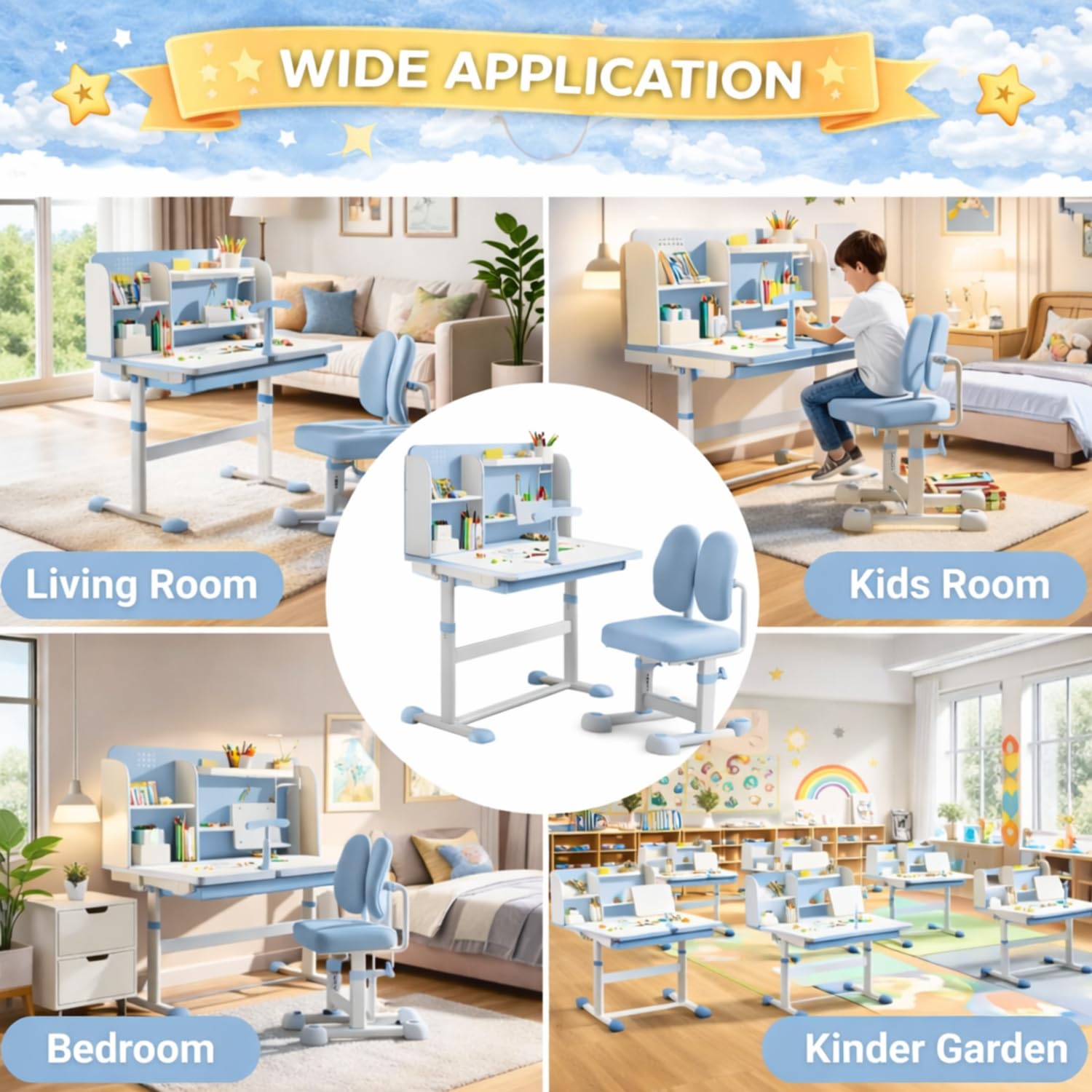NUCARTURE Kids Study Table with Chair Height Adjustable Computer Table and Chair for Toddlers Children Desk with Storage Cabinet Kindergarten Writing Table (Blue, Adjustable Table with Bookshelf) 3