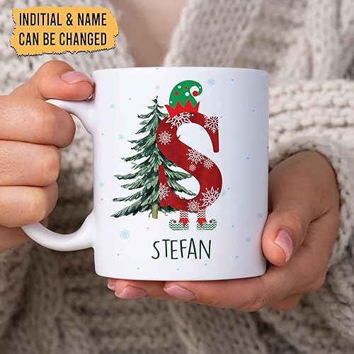 Miniatura 2 de Hyturtle Regalos personalizados de Navidad de elfo para la familia, taza de café de cerámica con inicial con nombre personalizado, taza de 11 onzas,