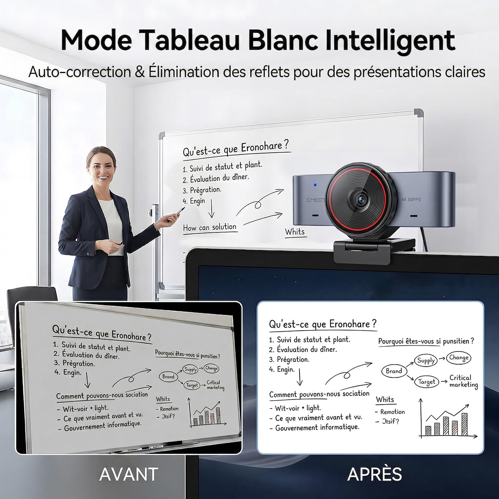 eMeet C960 Ultra Webcam 4K pour PC/Mac, Capteur 1/1.5", Autofocus 0,2s, Corps en Métal, Mode Tableau Blanc, Cache de Confidentialité, 2 Micros, Caméra USB pour Streaming, Réunion, Télétravail