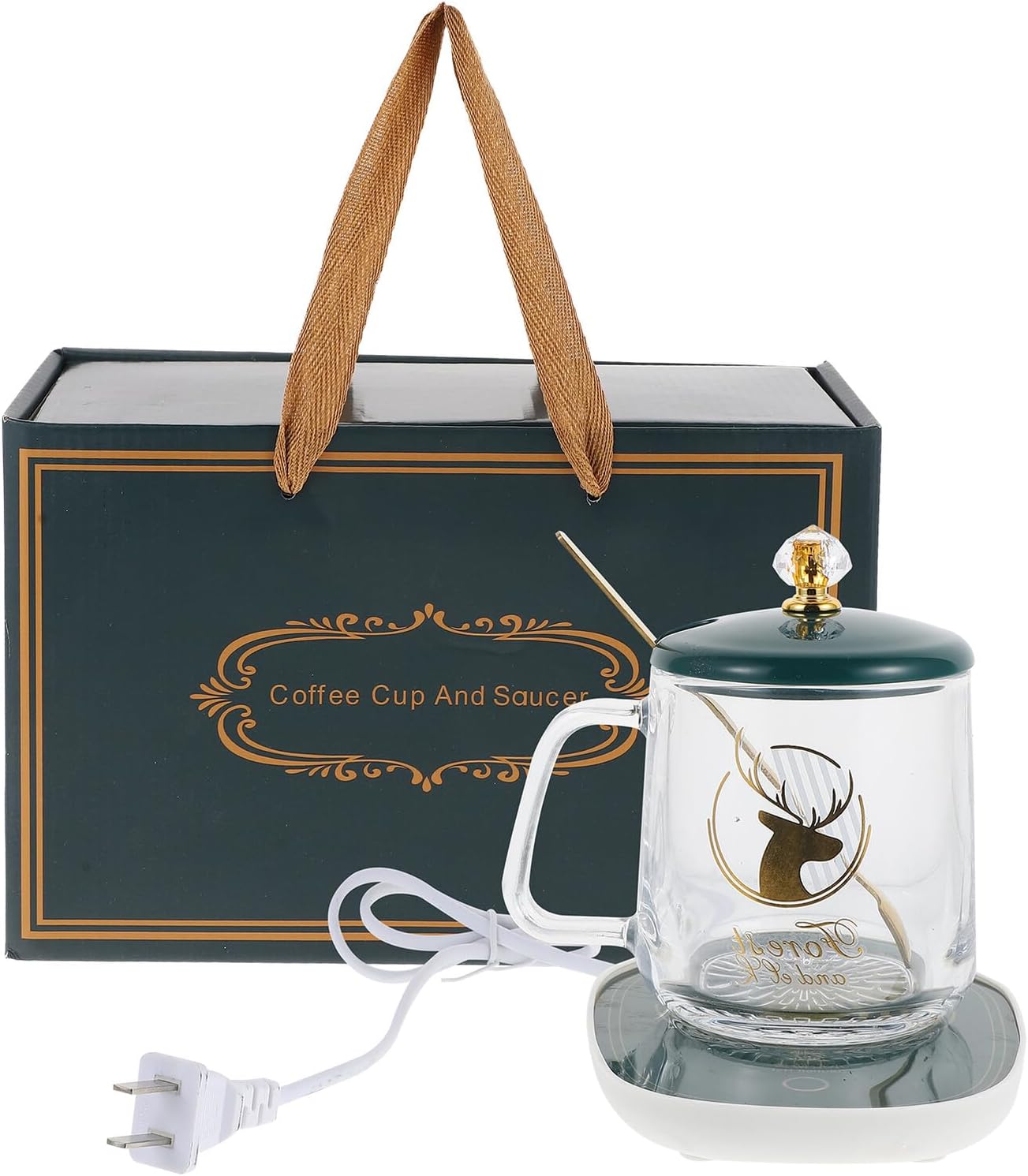 Ceramic Coffee Mug Heating Coaster with Glass Cup and Scoop Integrated Warm Pad for Milk Tea and Coffee Multifunctional Drink Warmer for Home and Office US Plug