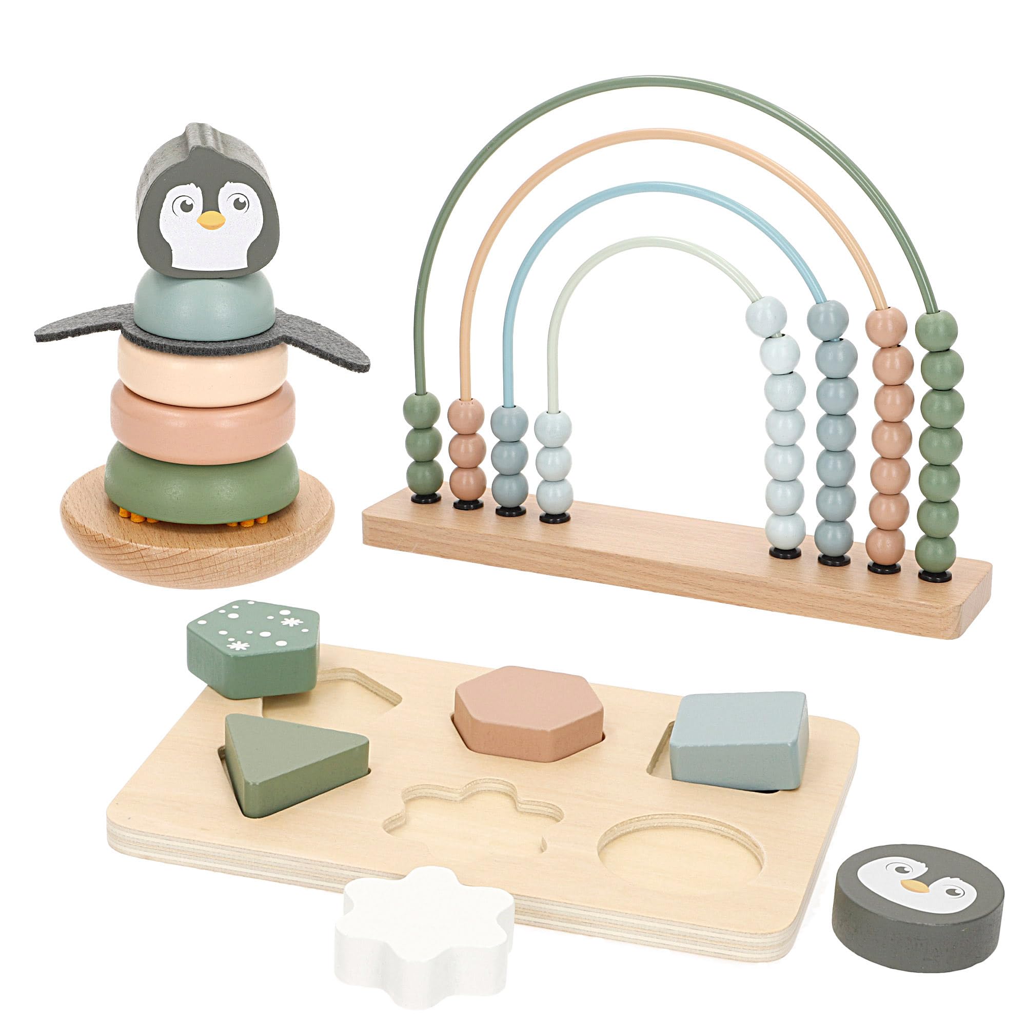 Ensemble de 3 Jouets en Bois Colorés pour Bébé - Abaque, Pingouin et Formes