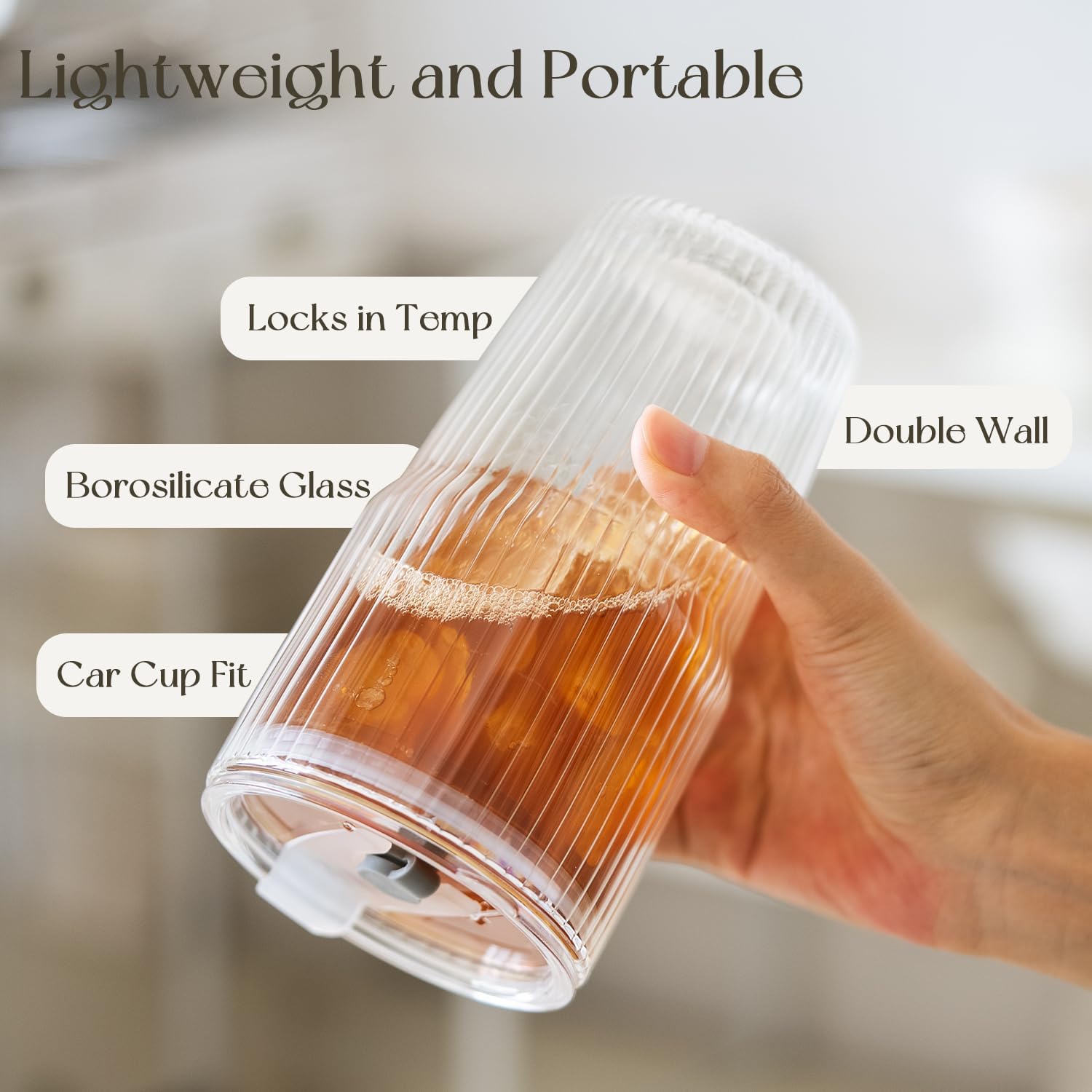 KEMORELA 16oz Ribbed Glass tumbler with Lids and Straws 2pcs,Double Wall Iced Coffee Cups with Lids,Coffee Bar Accessories, Insulated Borosilicate Glass Tumblers, To Go Coffee Cups, Spill proof - Image 4