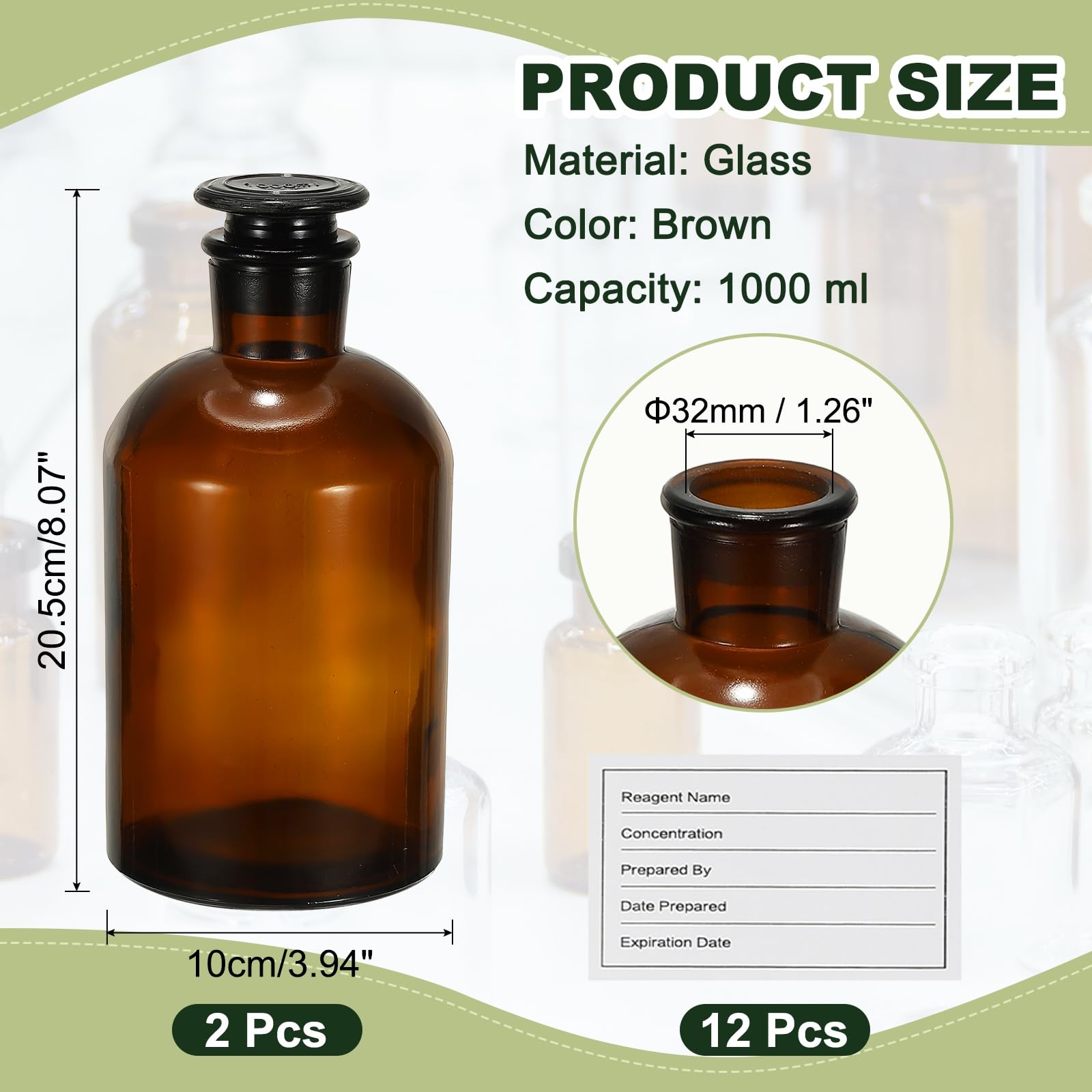 PATIKIL 2 Pack 1000ml Frasco De Vidrio Para Boca Estrecha Con Tapón Esmerilado Para Almacenamiento De Medios De En Laboratorio Agua Líquidos Químicos Color Marrón (35.2 Onzas)