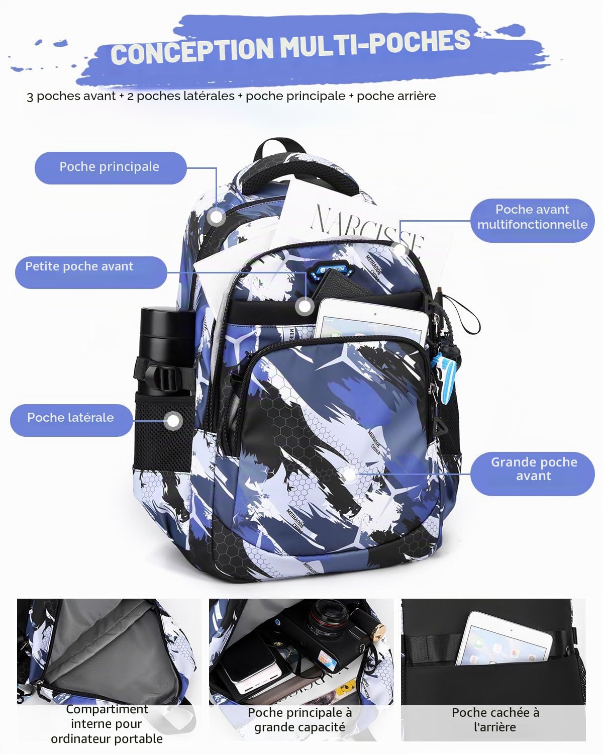 Tanou Sac a Dos College ado Garcon de 2 Pièces, Grand Cartable Garcon Primaire Sacs à Dos pour Enfant Impermeable, Sac Ecole Renforcé Daypack en Nylon pour Garçons 10 à 18 Ans, Camouflage Bleu