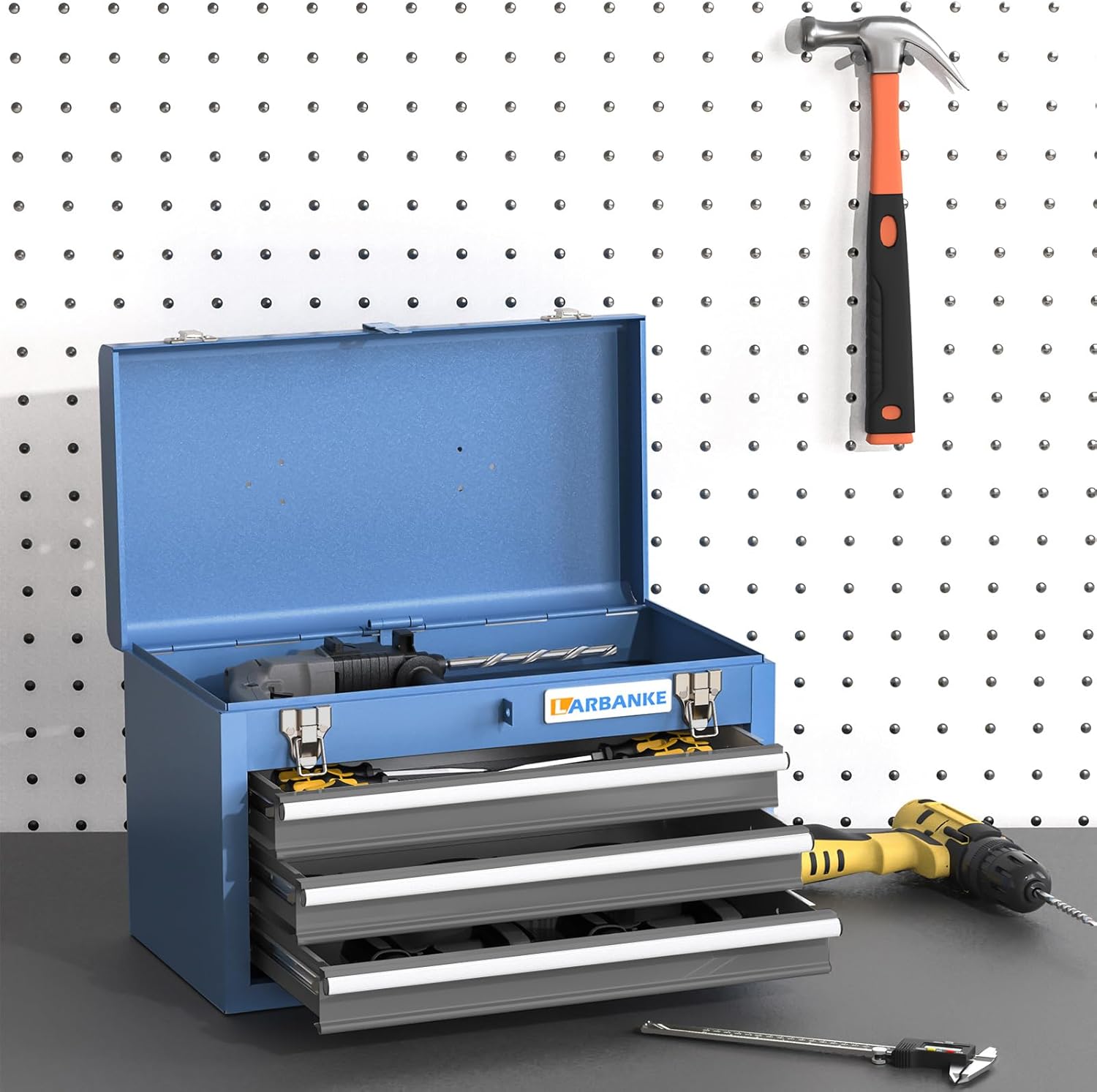 LARBANKE Portable Tool Box with 3 Drawers and Top Storage Tray, Cabinet with Steel Safety Lock, Drawer Tool Box with Ball Bearing Slides for Garages, Warehouses, Repair Shops and Homes