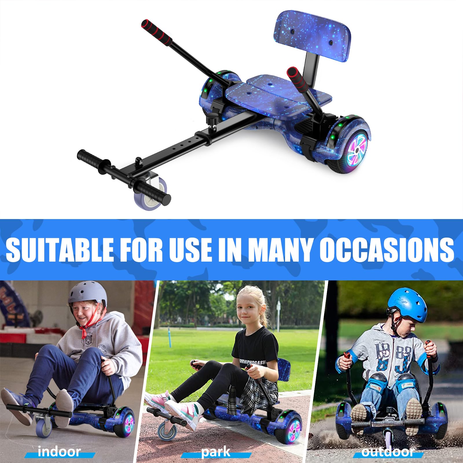 SISIGAD Hoverboard mit Hoverkart für Kinder, 6.5 Zoll Hoverboard mit Bluetooth Lautsprecher, mit LED-Leuchten, Geschenk für Kinder