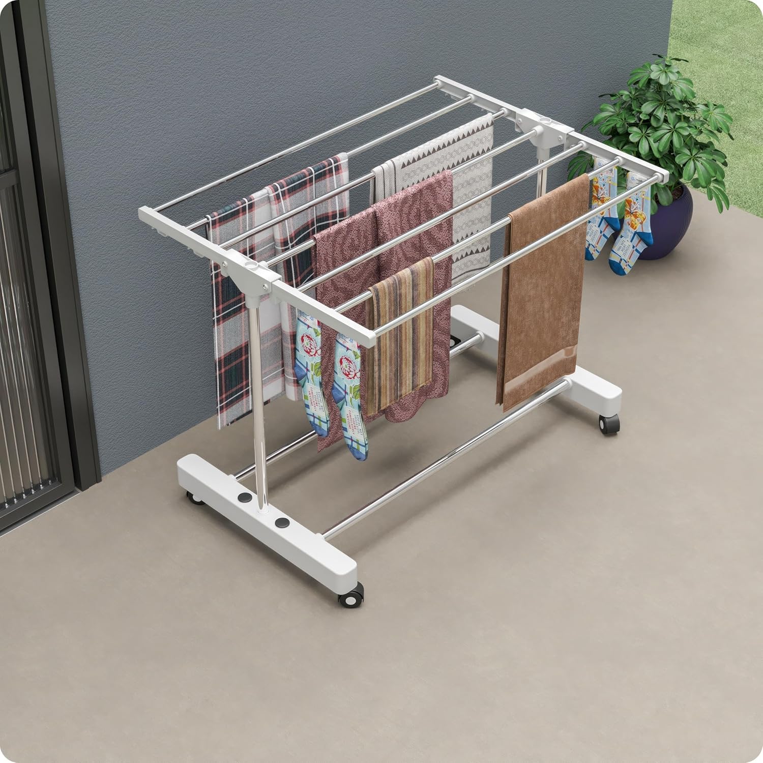 1 Pole 1-Tier Premium Heavy-Duty Stainless-Steel Clothes Drying Stand with Wheels, Foldable Laundry Rack with Sock Holder, Indoor & Outdoor Cloth Dryer for Balcony Terrace (SS, Pack of 1)-image-21