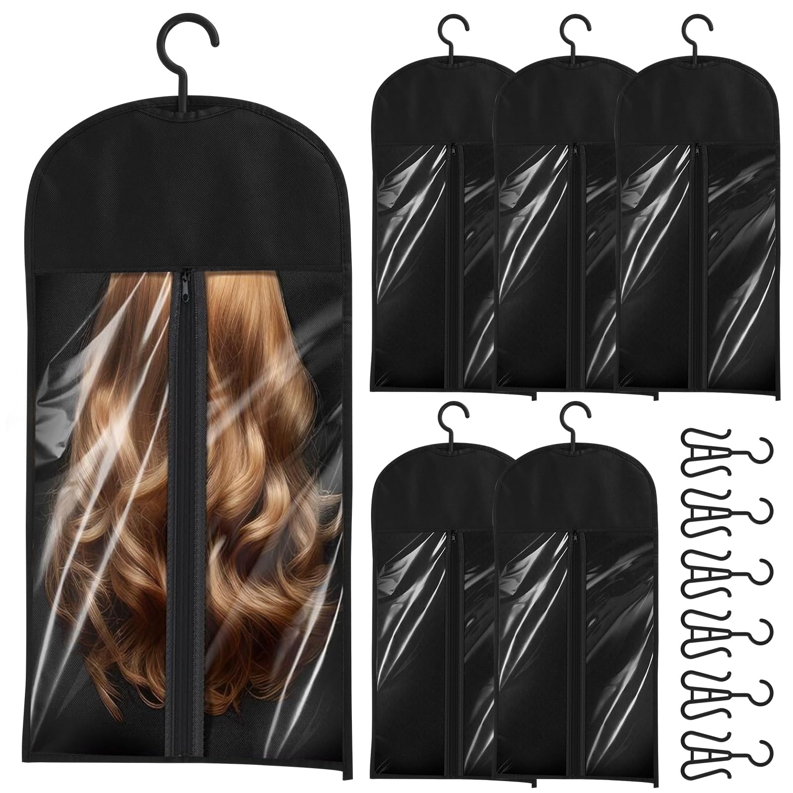 Ktcina 6Pcs 60Cm 6Pcs Hair Extensions Storage Bag With Hanger, 60Cm Waterproof Wig Travel Bags Dustproof Hair Extension Hanger And Bag Long Wig Storage Bags For Multiple Wigs Hairpieces Extensions (6Pcs 60Cm)